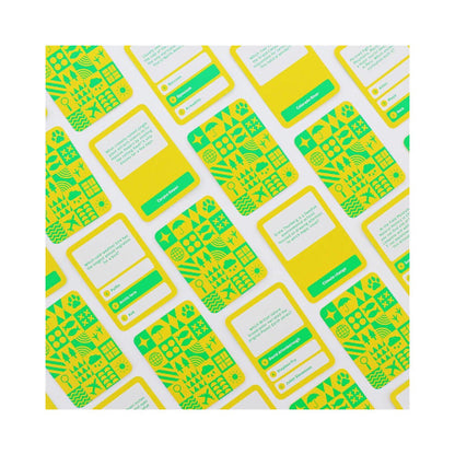 Scattered yellow and green nature explorer trivia cards show questions, answers, and various environmental icons