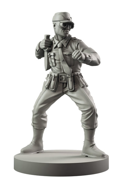 A grey military figure with binoculars, holding a knife in a ready pose