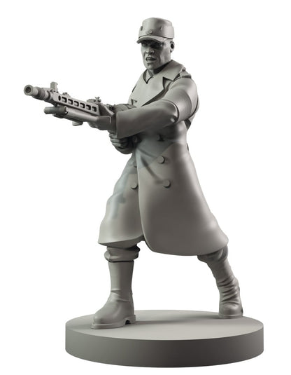 A grey 3D miniature of a soldier in a coat and cap, aiming an assault rifle forward on a circular base