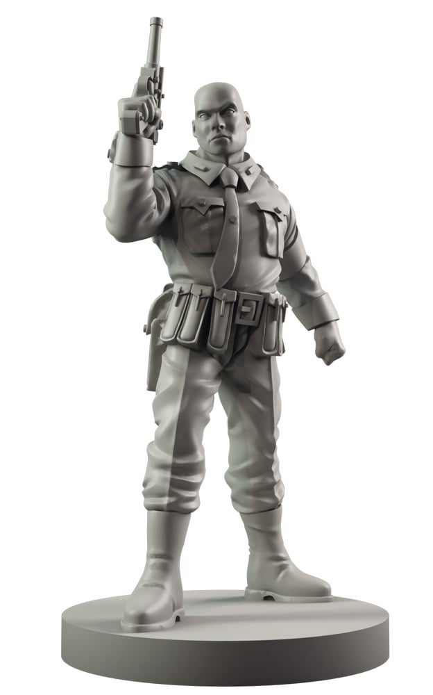 A grey statue of a stern bald man in a military uniform, holding a pistol pointed skyward