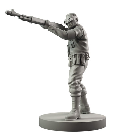 A grey 3D model of a soldier with goggles over his eyes, aiming a rifle forward from a circular base