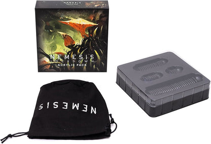 Nemesis Lockdown Acrylic Pack box, Nemesis logo pouch, and a clear tray with dark acrylic tokens