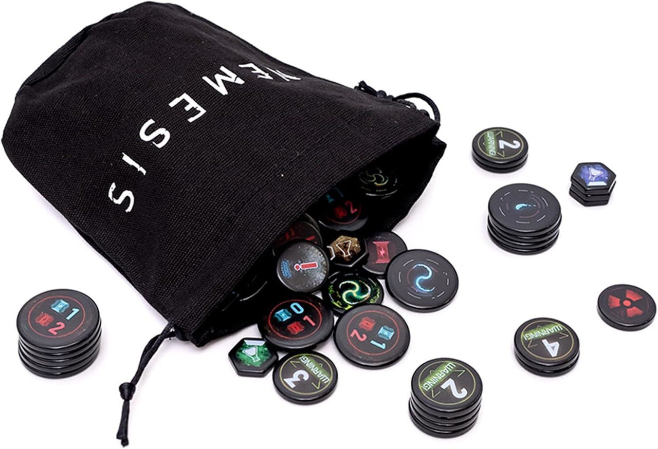 Black drawstring bag labeled "NEMESIS" with colorful game tokens spilling out and arranged on a white surface