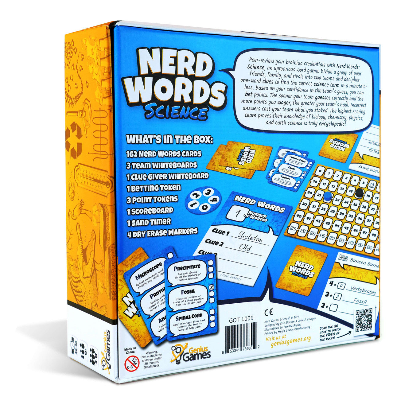 Back and side of the "Nerd Words: Science" board game box, detailing components, gameplay, and scientific art