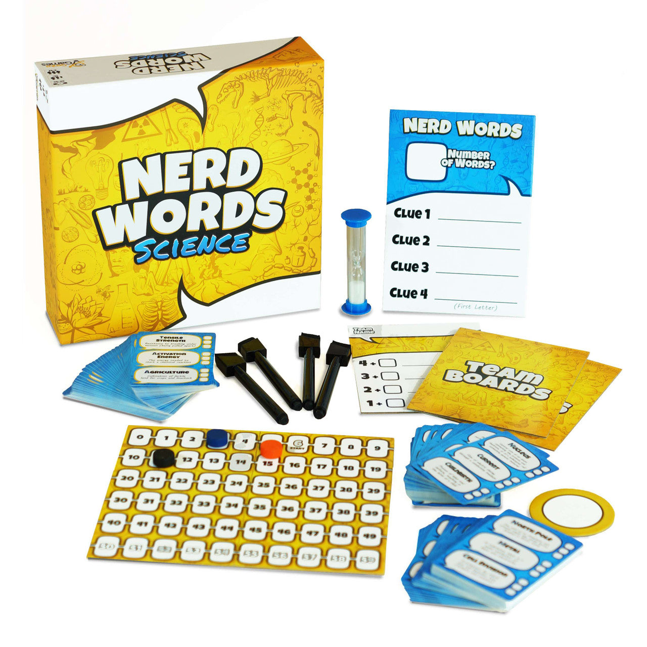 Nerd Words Science board game components displayed: yellow box, numbered board, clue cards, black markers, a sand timer, and team boards