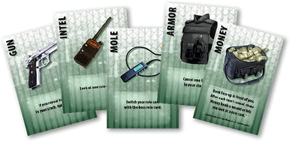 Five fanned-out game cards, titled GUN, INTEL, MOLE, ARMOR, and MONEY, each with a relevant illustration