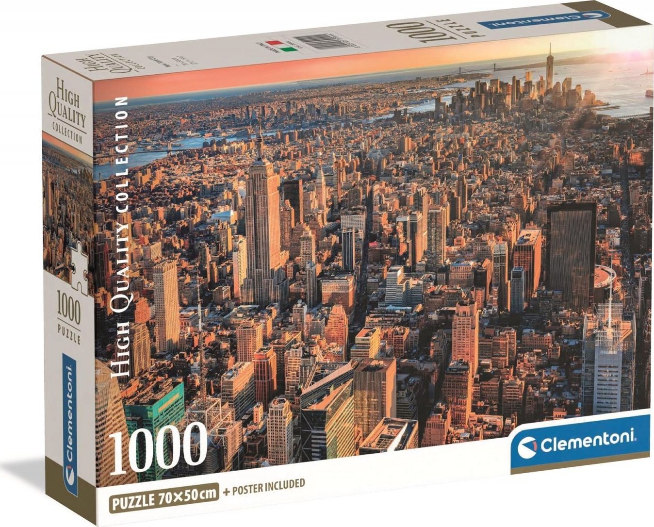 Clementoni 1000-piece puzzle box displaying an aerial view of the New York City skyline at sunset.
