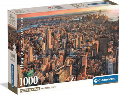 Clementoni 1000-piece puzzle box displaying an aerial view of the New York City skyline at sunset.