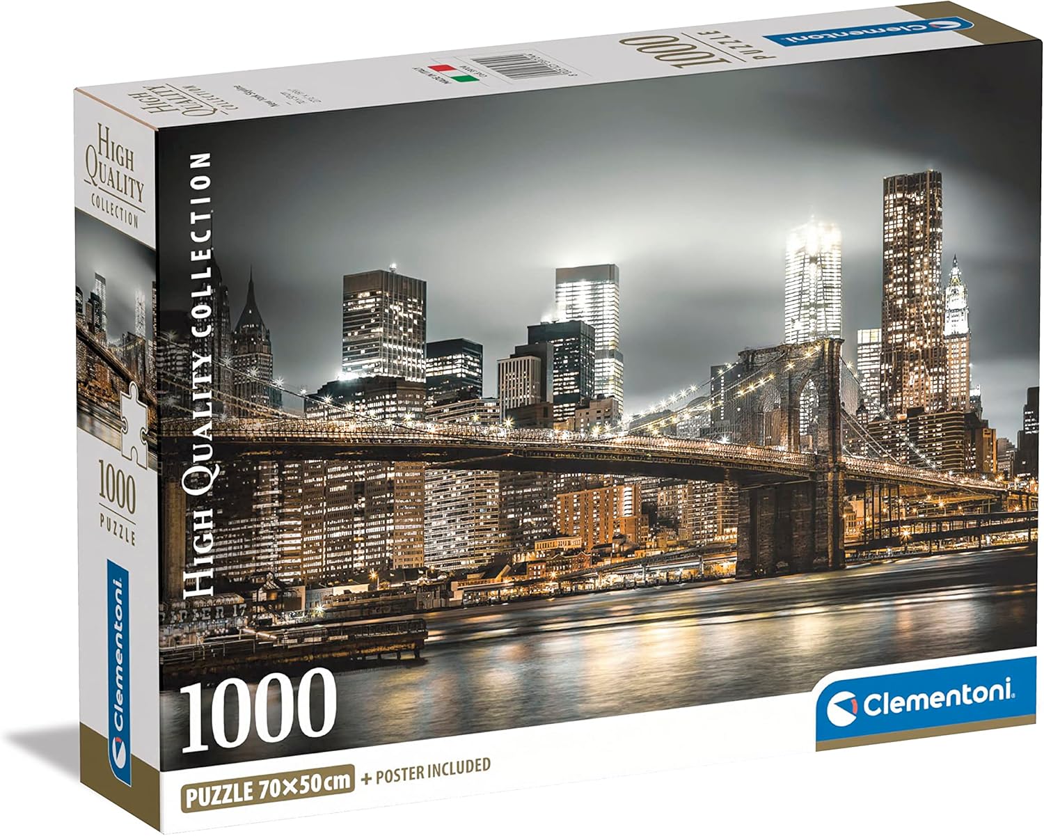 Clementoni High Quality Collection 1000-piece puzzle box with an image of the Brooklyn Bridge at night, illuminated against a city skyline