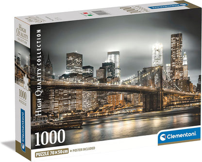 Clementoni High Quality Collection 1000-piece puzzle box with an image of the Brooklyn Bridge at night, illuminated against a city skyline