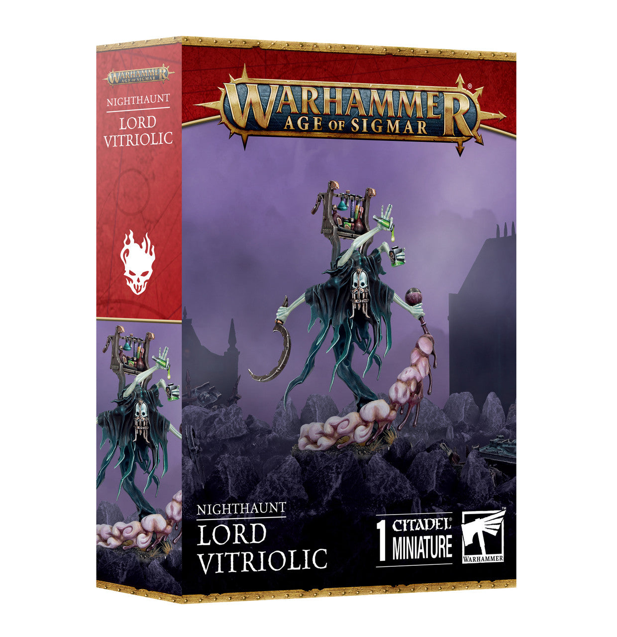Warhammer AOS Nighthaunt Lord Vitriolic miniature box. Ghostly figure carries chemical flasks, a scythe and a staff