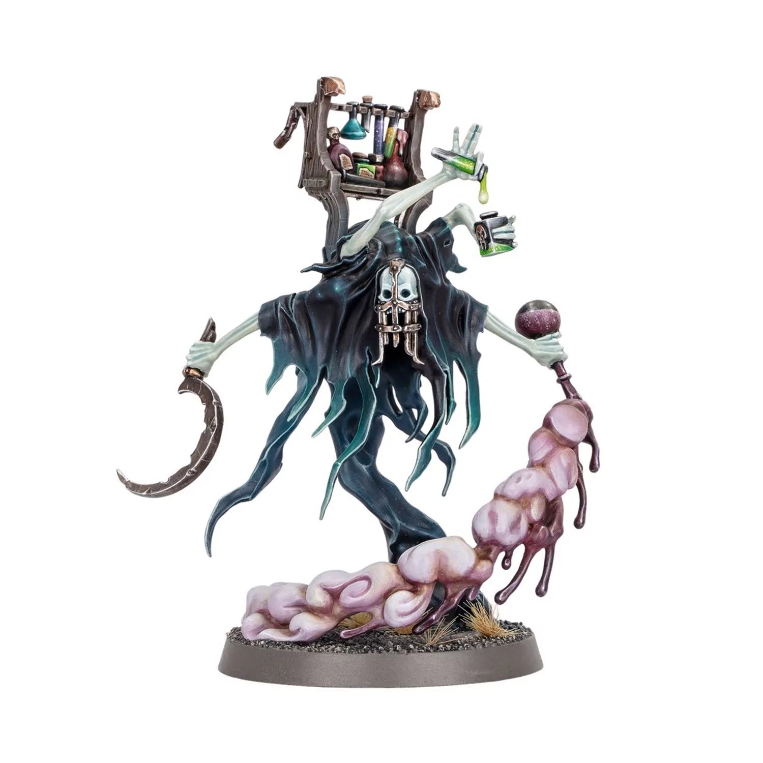 Hooded ghost miniature carrying a rack of vials and a sickle, pouring green potion over pink slime