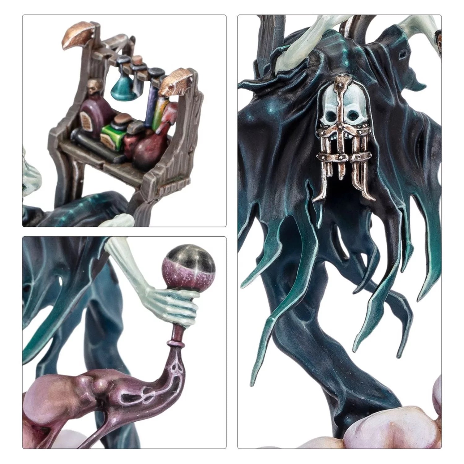 Detailed close-ups of a ghostly miniature featuring a horned skull mask, alchemy rack and staff