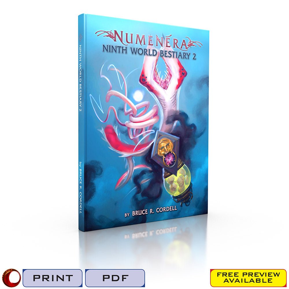 Numenera Ninth World Bestiary 2 book cover: Pale, tentacled monster with a toothy maw, glowing orb, and arcane artifacts