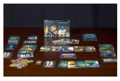 Noises at Night board game laid out on a wooden table: game box with cartoon art, clue/location cards, and numbered tokens.