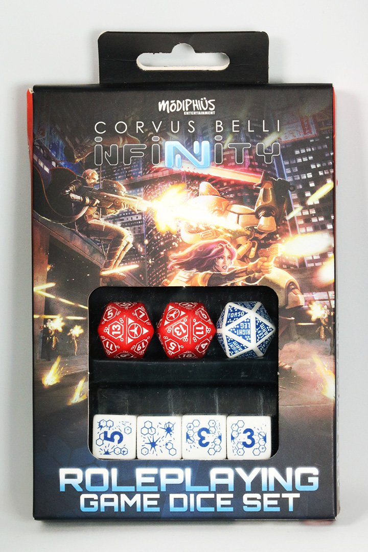 Modiphius Infinity RPG dice set box. Sci-fi battle art. Visible: two red d20s, one blue/white d20, four white d6s
