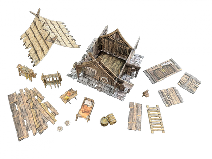 Deconstructed rustic wooden building model: roof, walls, floor, bed, table, barrels, and other modular game pieces.