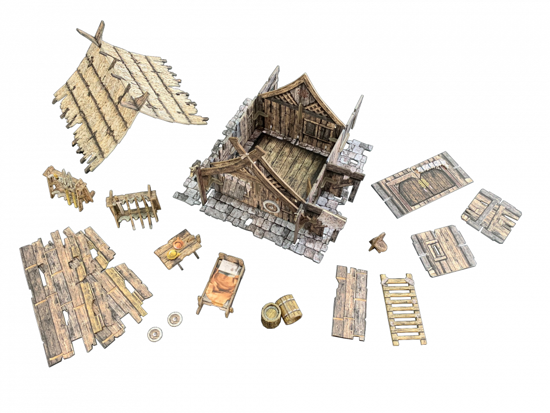 Deconstructed rustic wooden building model: roof, walls, floor, bed, table, barrels, and other modular game pieces.