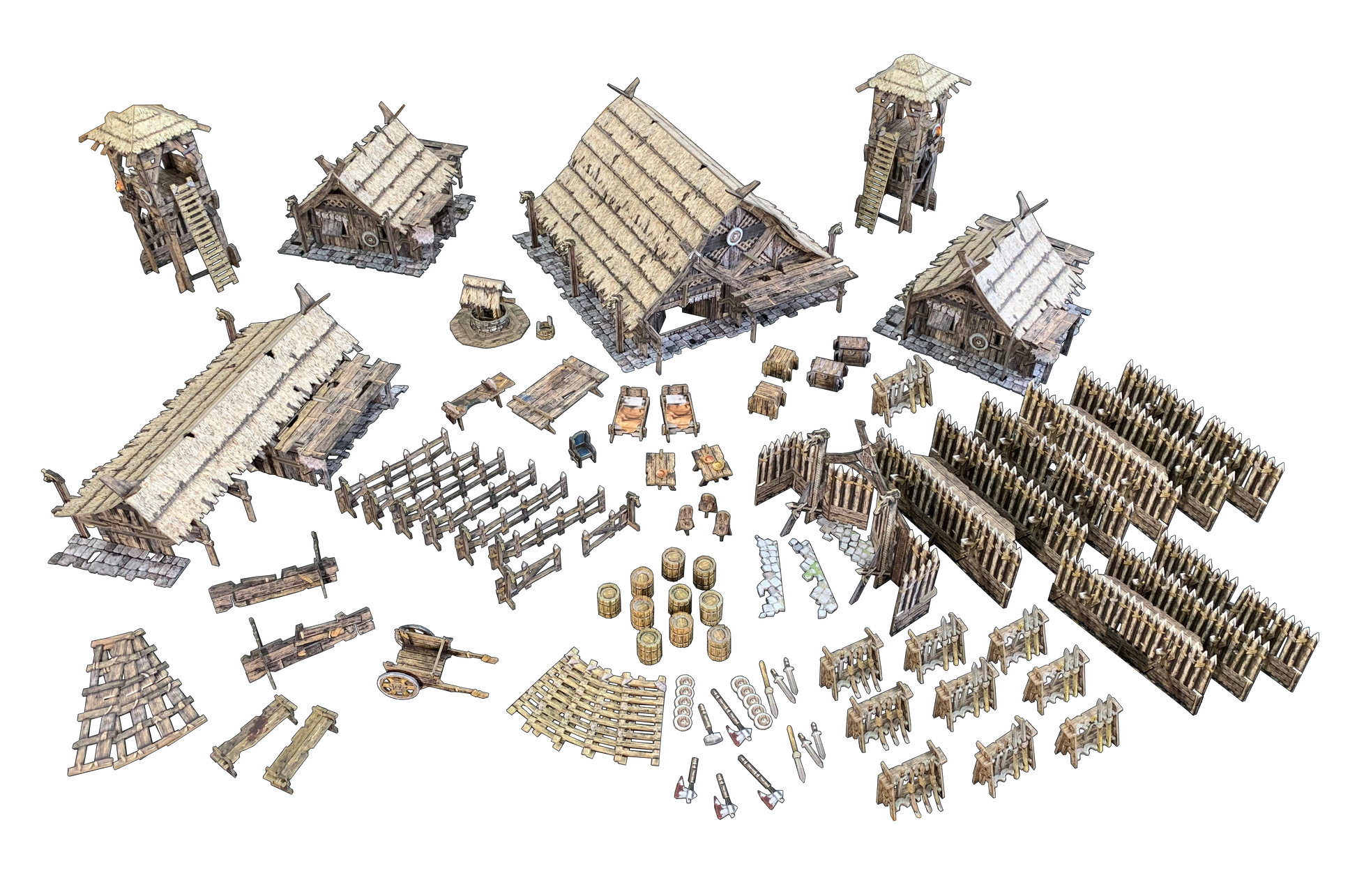 Detailed isometric medieval/Viking village assets: houses, towers, fences, well, beds, barrels, carts, weapons.