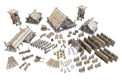 Detailed isometric medieval/Viking village assets: houses, towers, fences, well, beds, barrels, carts, weapons.