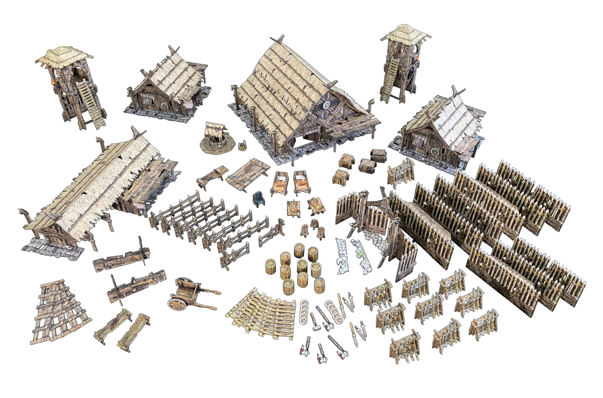 Detailed isometric medieval/Viking village assets: houses, towers, fences, well, beds, barrels, carts, weapons.