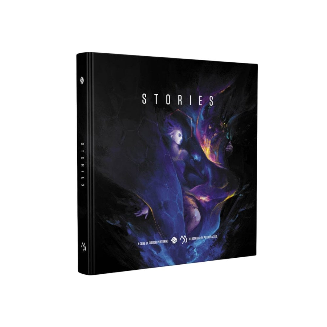 A black box for Not The End - Stories, featuring the title and a vibrant illustration of a fantasy figure in purple and yellow tones on a dark, abstract background
