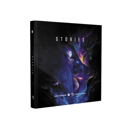 A black box for Not The End - Stories, featuring the title and a vibrant illustration of a fantasy figure in purple and yellow tones on a dark, abstract background