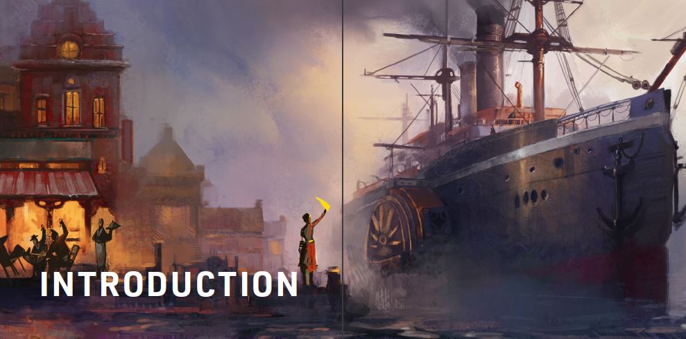 A colorful painted scene of a bustling port town with illuminated buildings, people gathered, a figure waving a yellow flag, a large paddle-steamer ship, and the word INTRODUCTION