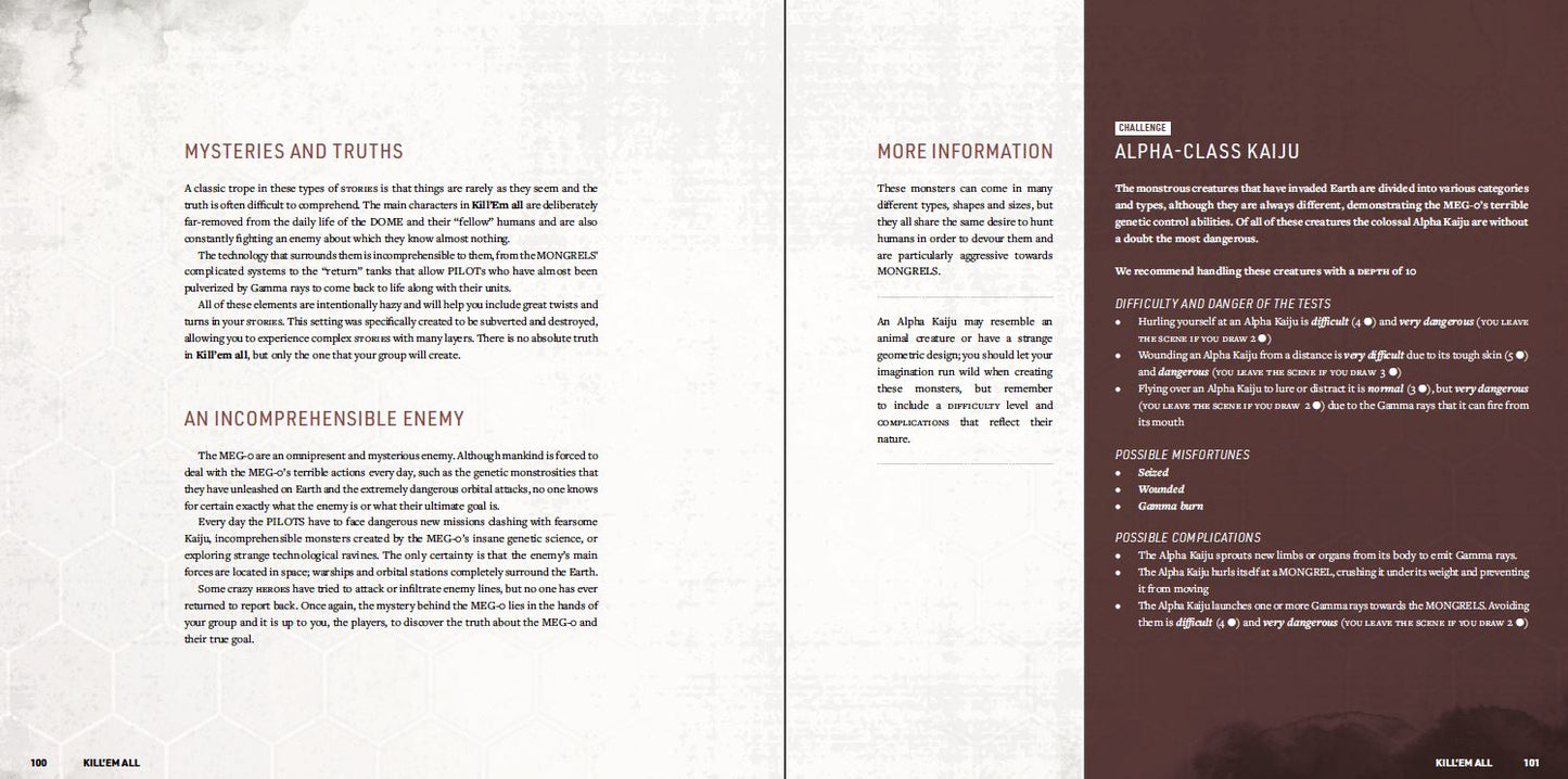 A spread from Not The End - Stories displays pages 100 and 101, with a light grey left section and a dark brown right section, filled with game text on enemies and challenges