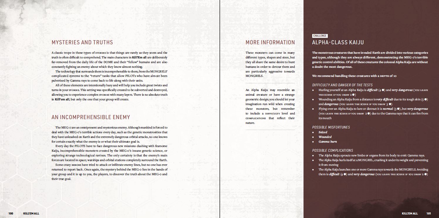 A spread from Not The End - Stories displays pages 100 and 101, with a light grey left section and a dark brown right section, filled with game text on enemies and challenges