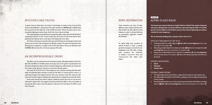 A spread from Not The End - Stories displays pages 100 and 101, with a light grey left section and a dark brown right section, filled with game text on enemies and challenges