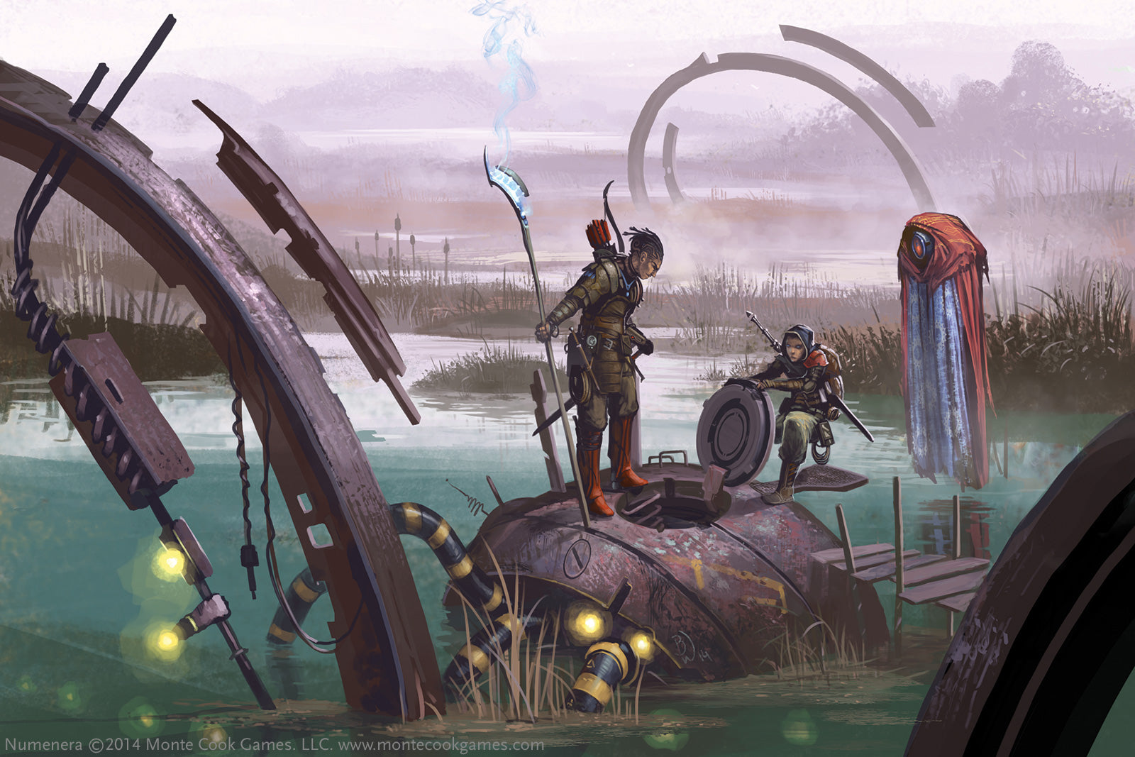 Two armored figures explore ancient ruins in a misty swamp, accompanied by a floating robed automaton