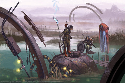 Two adventurers uncover ancient, broken technology in a watery marsh, one has a glowing staff, another works a hatch, near a mysterious draped figure