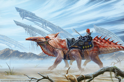 An armored rider with red hair on a large, red mount with spiked back, walking through water, futuristic ruins in distance