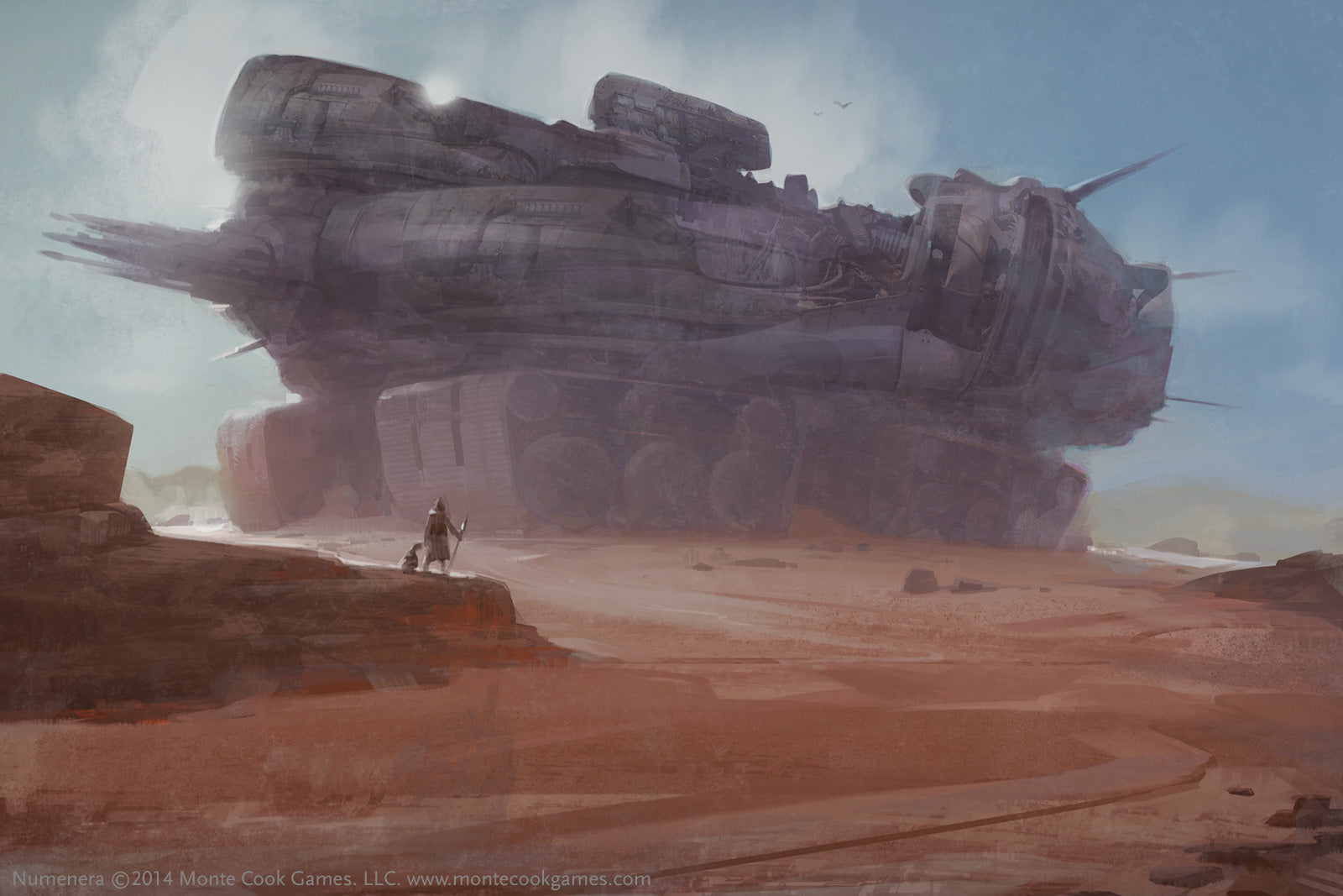 A vast, ruined spacecraft dominates a red desert landscape, observed by a small figure from a rocky outcrop