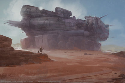 A vast, ruined spacecraft dominates a red desert landscape, observed by a small figure from a rocky outcrop
