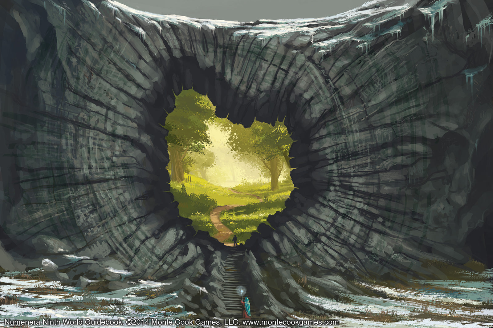 A small figure stands on stairs facing a vibrant green, tree-filled world seen through a massive, jagged rock archway
