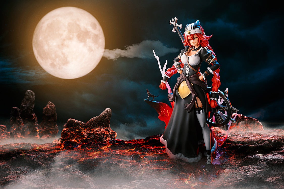 Red-haired anime figure in a dark dress with a staff and spiked wheel, posing on glowing rocks under a full moon