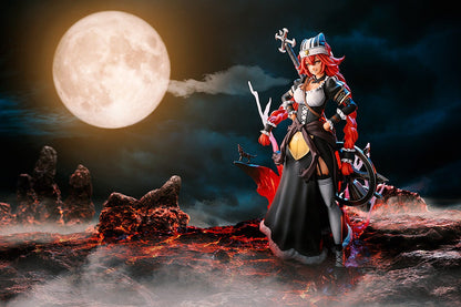 Red-haired anime figure in a dark dress with a staff and spiked wheel, posing on glowing rocks under a full moon