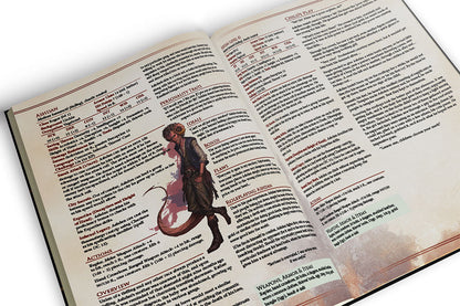 An open fantasy RPG book displays a character profile for 'Ashdan' with stats and a leaning horned, tailed figure