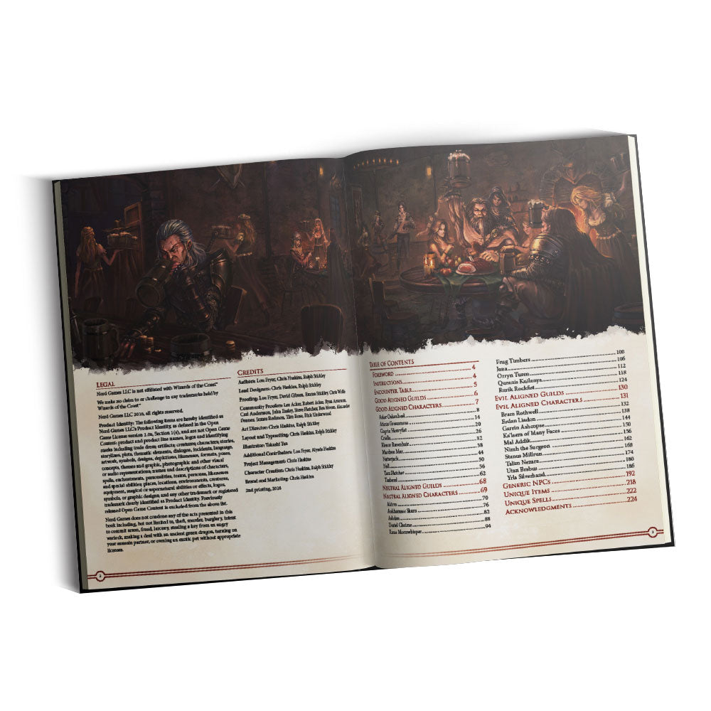 Open fantasy rulebook with legal text, table of contents, and art of a warrior and tavern scene