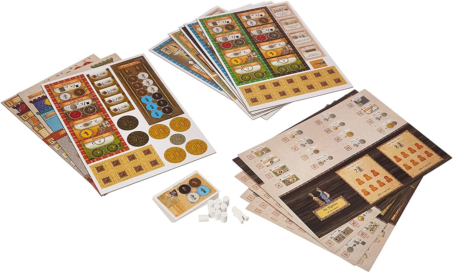 
Orléans: Invasion board game components, including punchboards, player boards, and various tokens