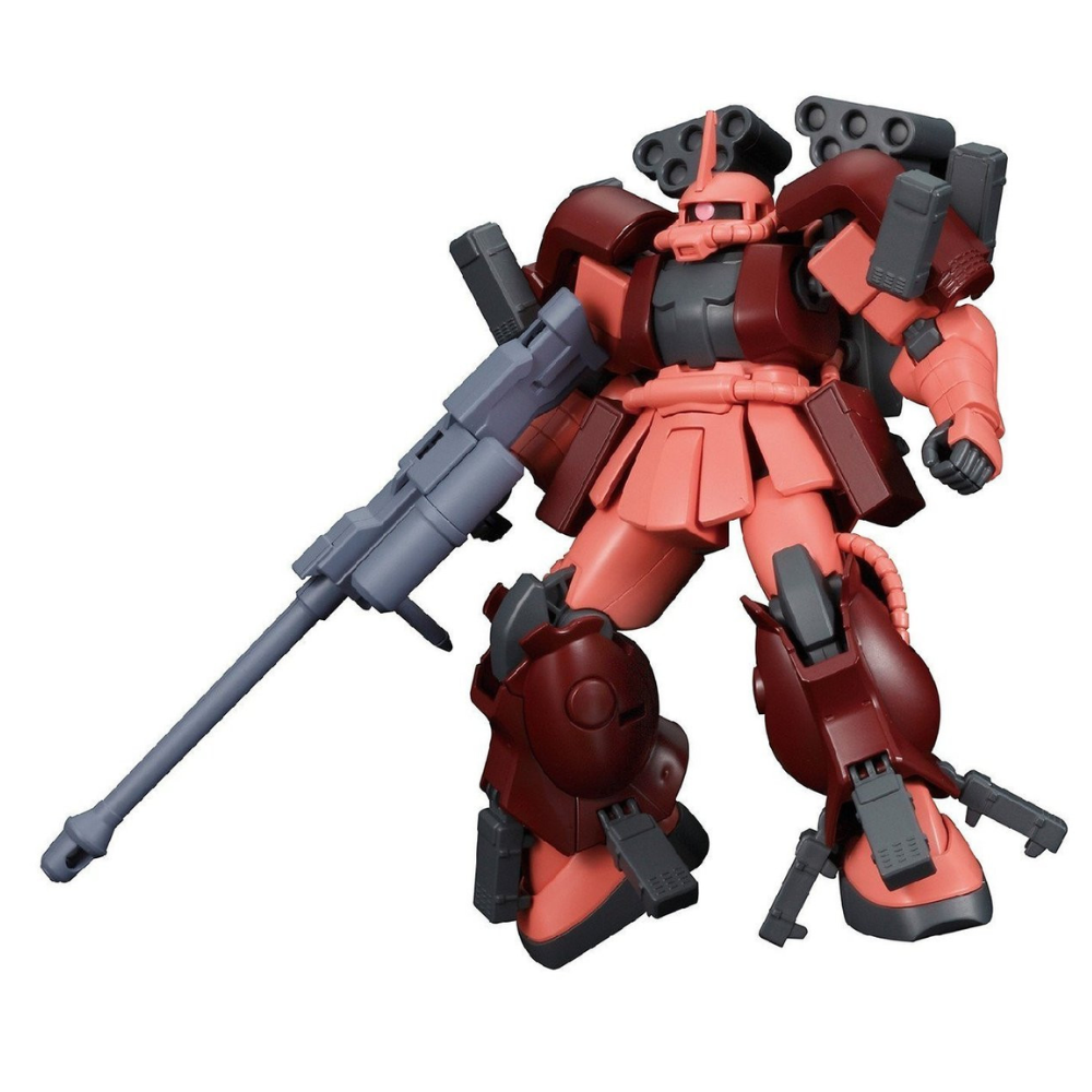 Maroon and pink Zaku II mecha model kit posed with a long rifle and shoulder missile pods