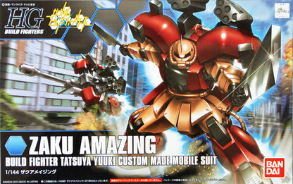 Box art showing the Zaku Amazing mobile suit (red/gold) lunging with a knife, with a weaponized unit flying behind it