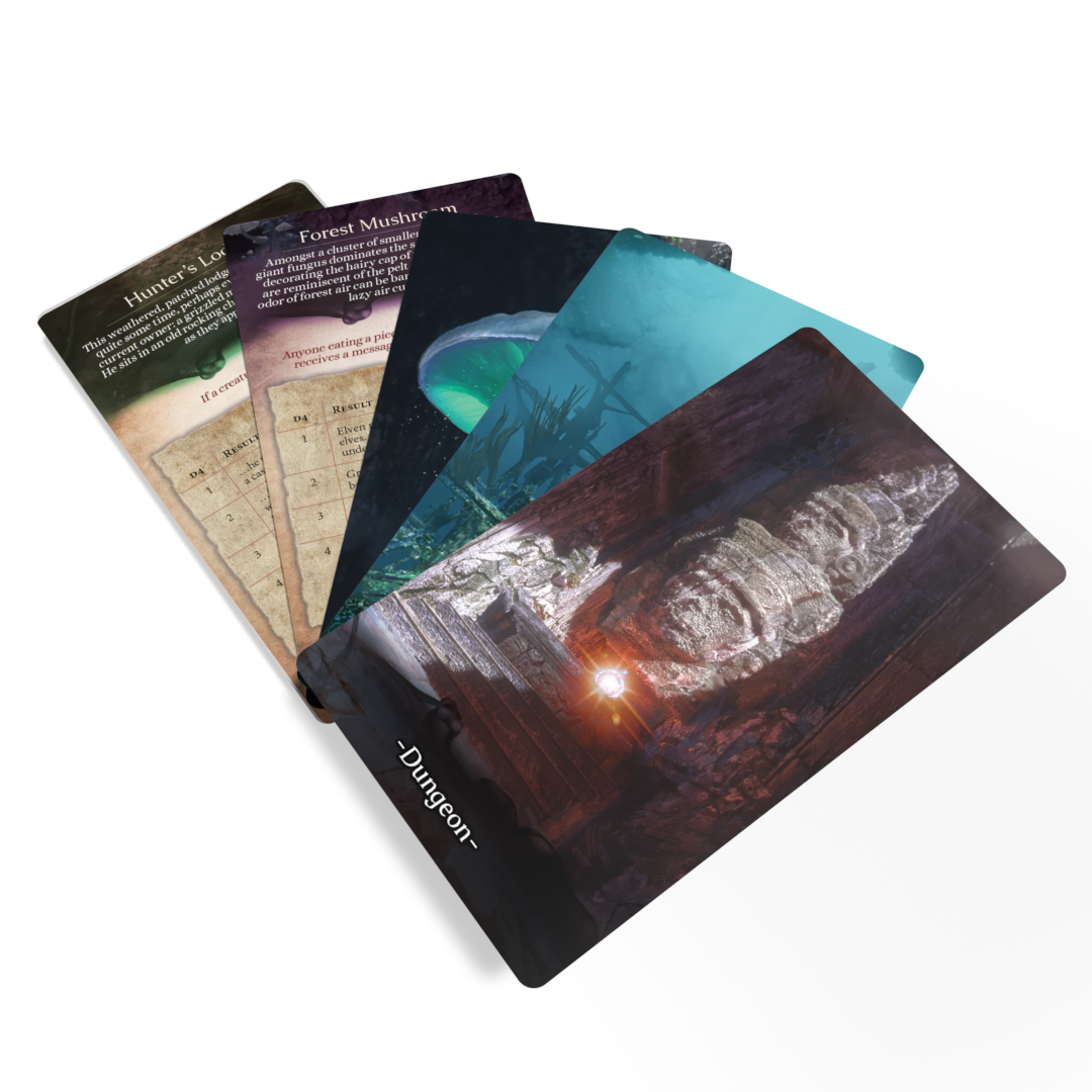 A fanned stack of fantasy game cards. Front card "Dungeon" shows a dark, lit chamber. Other cards have a glowing jellyfish