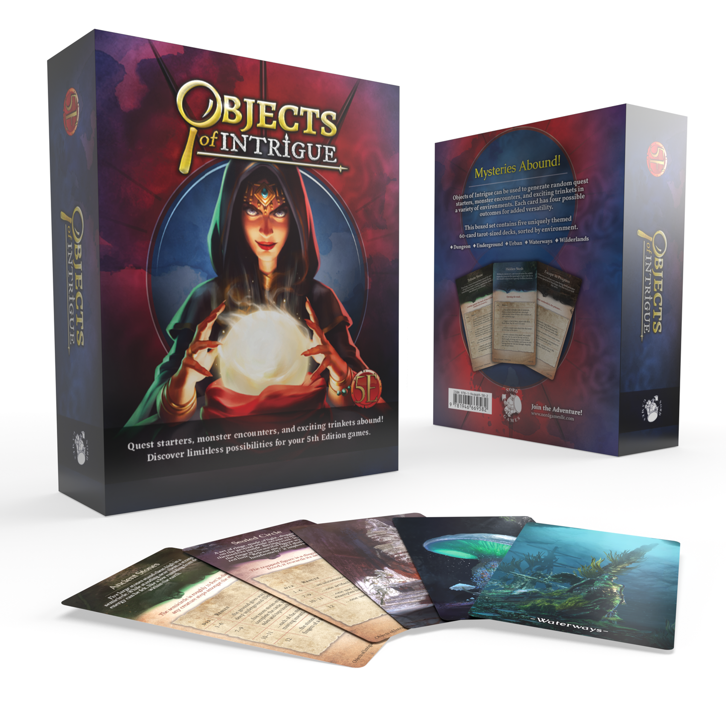 Objects of Intrigue 5E game box featuring a robed sorceress with a glowing orb, with fanned-out fantasy cards
