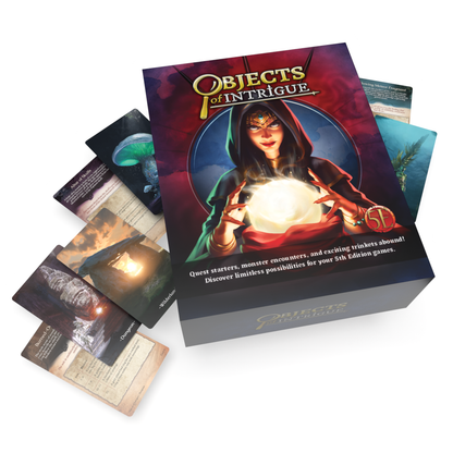 Objects of Intrigue 5E RPG box featuring a sorceress holding a glowing orb, surrounded by fantasy quest cards