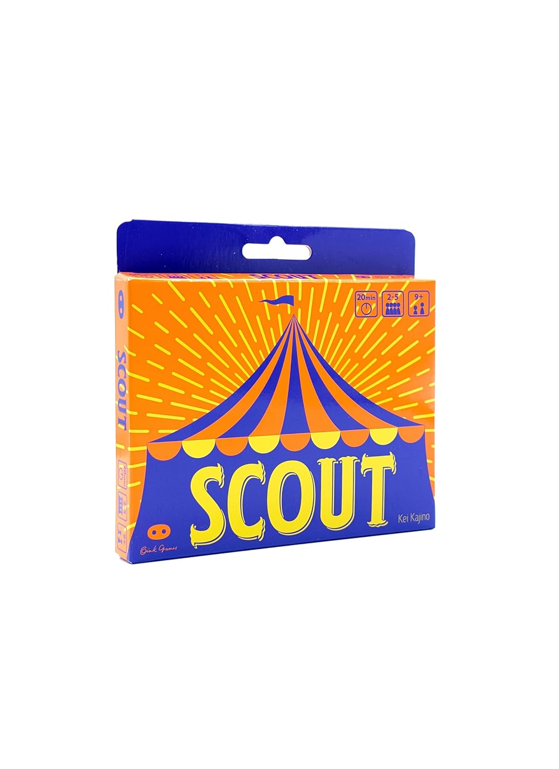 SCOUT board game box with a blue and orange circus tent design, yellow title, and orange sunburst background