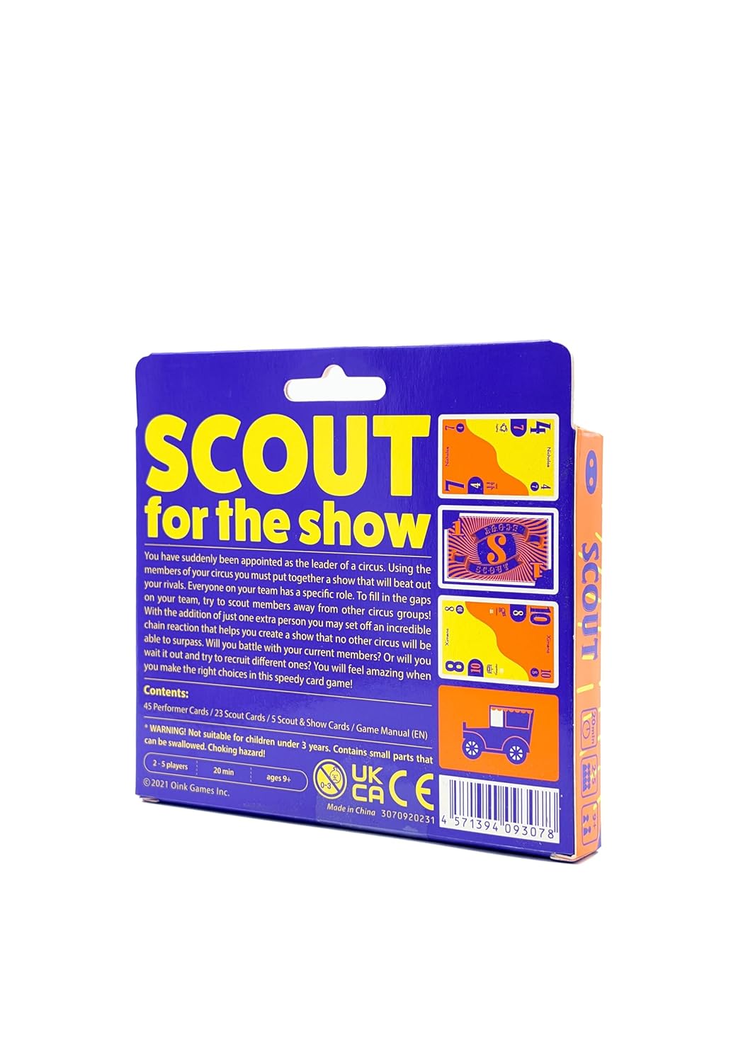 Back of the blue "SCOUT for the show" game box with yellow title, game description, and colorful sample cards