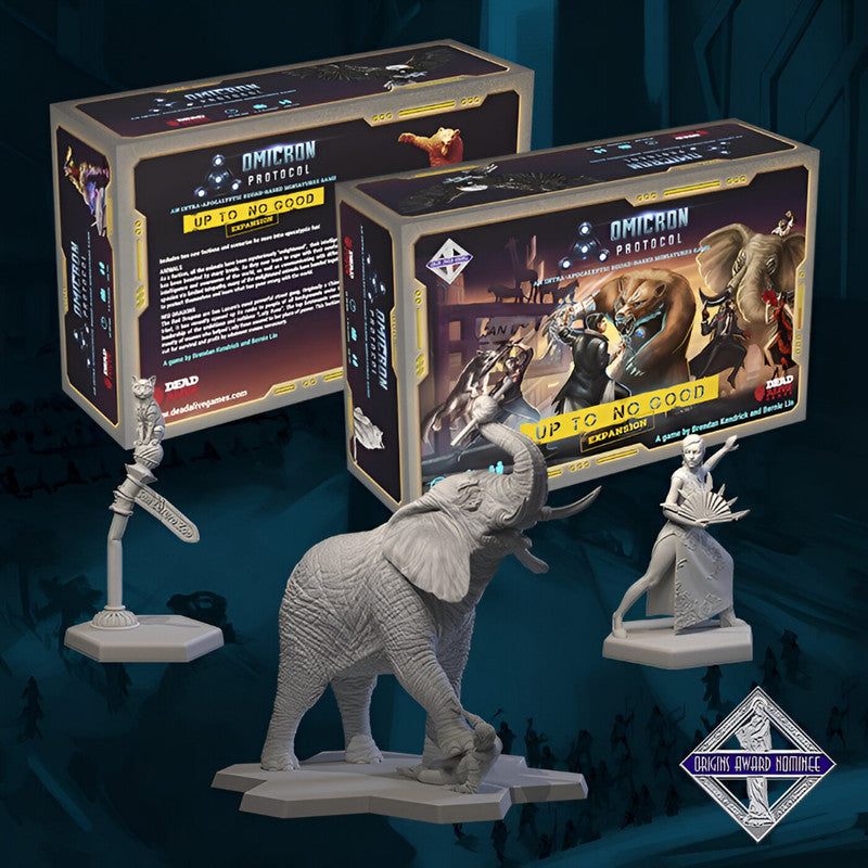 Omicron Protocol game boxes and three unpainted miniatures: an elephant, cat on pole, and a woman. Origins Award Nominee